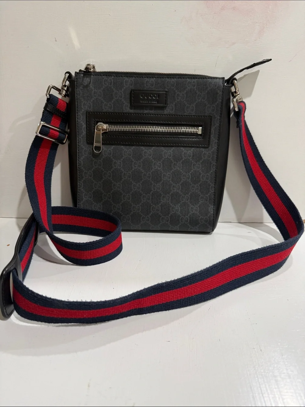 Gucci Black GG Supreme Crossbody with Navy and Red Web Strap